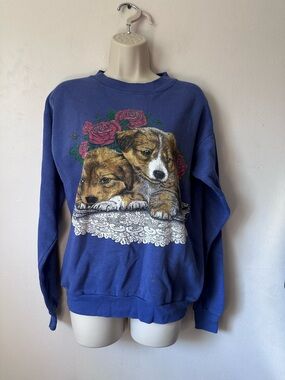 Vintage Puppy Graphic Sweatshirt - Blue with Roses
